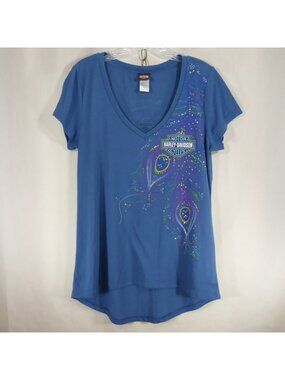 Harley Davidson Womens XL Blue V-Neck T-Shirt Rhinestone Peacock Gettysburg PA